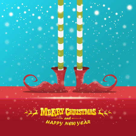 vector creative merry christmas greeting card with elfs legs, elf shoes and christmas stripped stocking on falling snow in sky. Vector merry christmas backgroundのイラスト素材