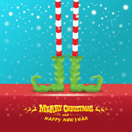 vector creative merry christmas greeting card with elfs legs, elf shoes and christmas stripped stocking on falling snow in sky. Vector merry christmas backgroundのイラスト素材