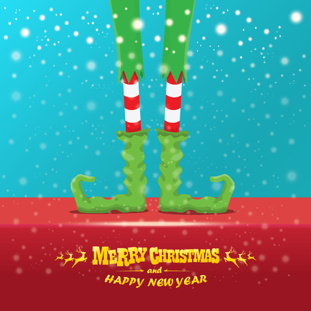 vector creative merry christmas greeting card with elfs legs, elf shoes and christmas stripped stocking on falling snow in sky. Vector merry christmas backgroundのイラスト素材