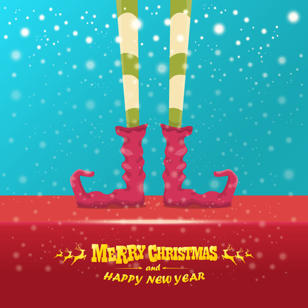 vector creative merry christmas greeting card with elfs legs, elf shoes and christmas stripped stocking on falling snow in sky. Vector merry christmas backgroundのイラスト素材