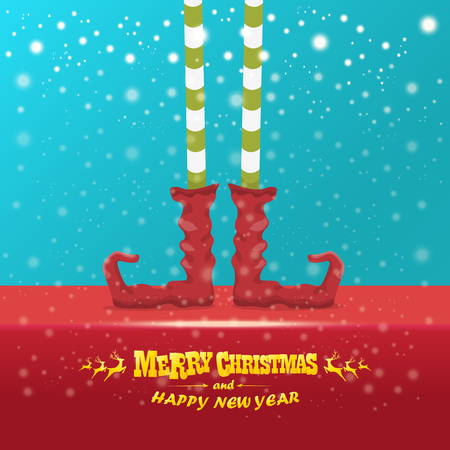 vector creative merry christmas greeting card with elfs legs, elf shoes and christmas stripped stocking on falling snow in sky. Vector merry christmas backgroundのイラスト素材