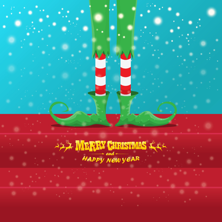 vector creative merry christmas greeting card with elfs legs, elf shoes and christmas stripped stocking on falling snow in sky. Vector merry christmas backgroundのイラスト素材