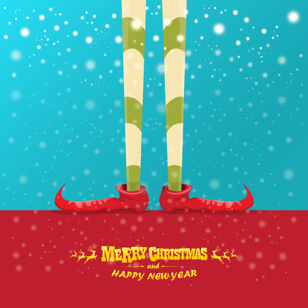 vector creative merry christmas greeting card with elfs legs, elf shoes and christmas stripped stocking on falling snow in sky. Vector merry christmas backgroundのイラスト素材