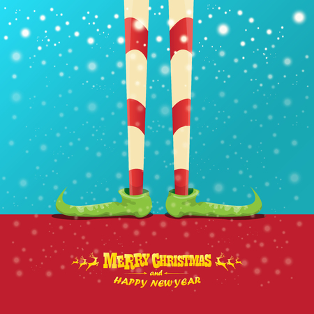 vector creative merry christmas greeting card with elfs legs, elf shoes and christmas stripped stocking on falling snow in sky. Vector merry christmas backgroundのイラスト素材
