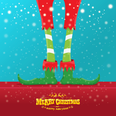 vector creative merry christmas greeting card with elfs legs, elf shoes and christmas stripped stocking on falling snow in sky. Vector merry christmas backgroundのイラスト素材