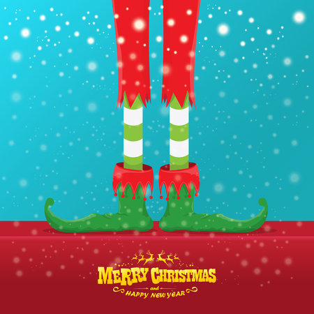 vector creative merry christmas greeting card with elfs legs, elf shoes and christmas stripped stocking on falling snow in sky. Vector merry christmas backgroundのイラスト素材