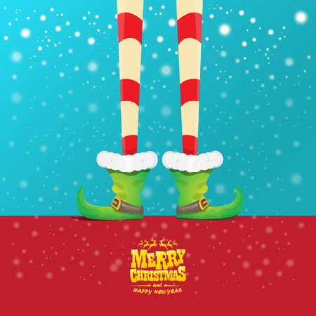 vector creative merry christmas greeting card with elfs legs, elf shoes and christmas stripped stocking on falling snow in sky. Vector merry christmas backgroundのイラスト素材