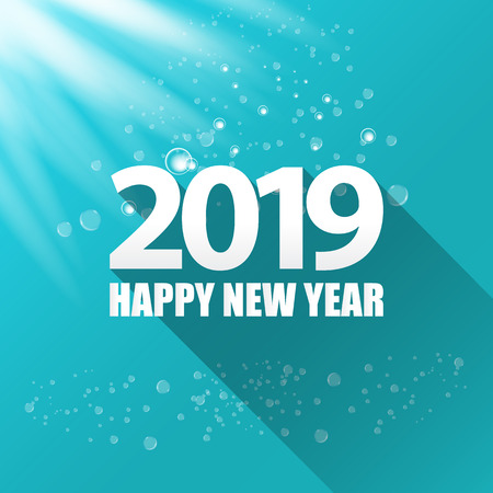 2019 Happy new year creative design background or greeting card. 2019 new year numbers on azure christmas background with lightsのイラスト素材