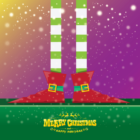 vector creative merry christmas greeting card with elfs legs, elf shoes and christmas stripped stocking on falling snow in sky. Vector merry christmas backgroundのイラスト素材