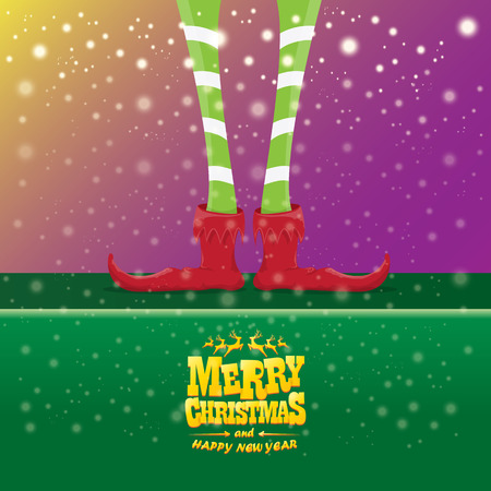 vector creative merry christmas greeting card with elfs legs, elf shoes and christmas stripped stocking on falling snow in sky. Vector merry christmas backgroundのイラスト素材