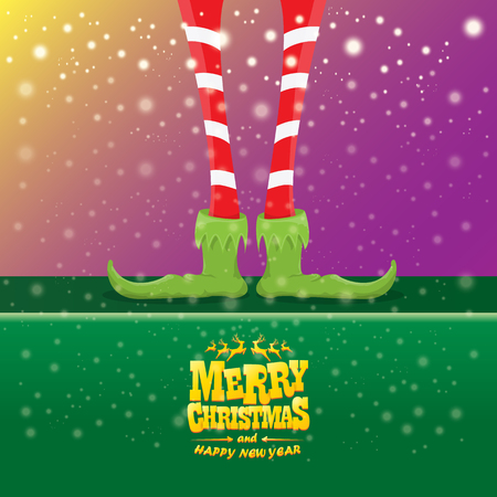 vector creative merry christmas greeting card with elfs legs, elf shoes and christmas stripped stocking on falling snow in sky. Vector merry christmas backgroundのイラスト素材