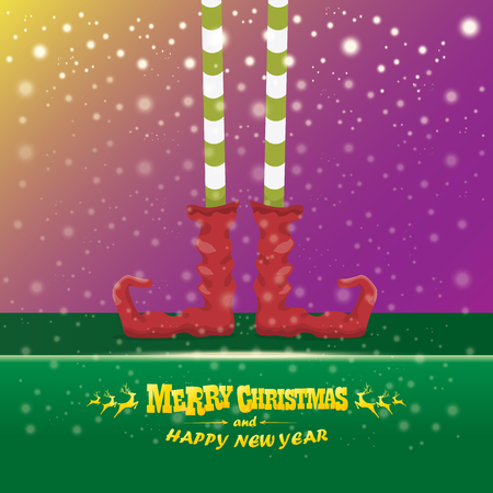 vector creative merry christmas greeting card with elfs legs, elf shoes and christmas stripped stocking on falling snow in sky. Vector merry christmas backgroundのイラスト素材