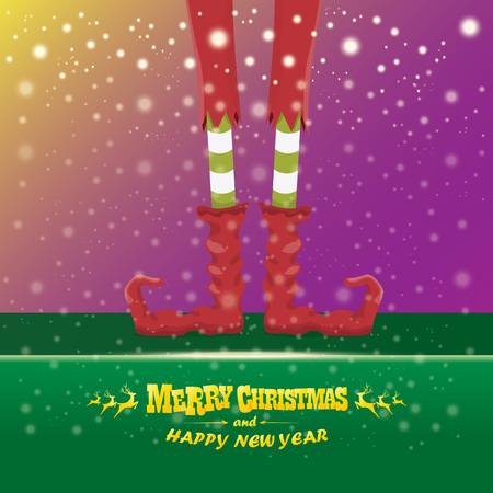 vector creative merry christmas greeting card with elfs legs, elf shoes and christmas stripped stocking on falling snow in sky. Vector merry christmas backgroundのイラスト素材