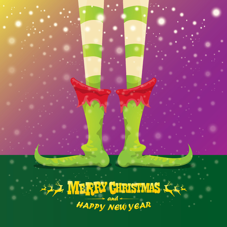 vector creative merry christmas greeting card with elfs legs, elf shoes and christmas stripped stocking on falling snow in sky. Vector merry christmas backgroundのイラスト素材
