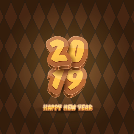 2019 Happy new year creative design background or greeting card with colorful numbers and greeting text. Happy new year label or icon isolated on tweed plaid check pattern texture backgroundのイラスト素材