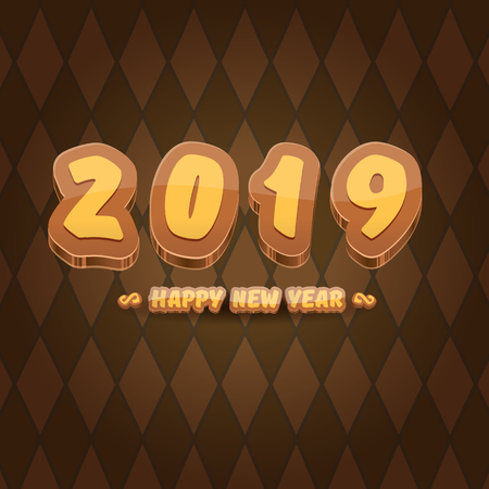 2019 Happy new year design background or greeting card with colorful numbers and greeting text. Happy new year label or icon isolated on tweed plaid check pattern texture backgroundのイラスト素材