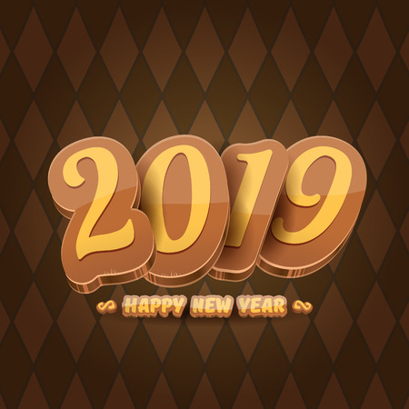 2019 Happy new year design background or greeting card with colorful numbers and greeting text. Happy new year label or icon isolated on tweed plaid check pattern texture backgroundのイラスト素材