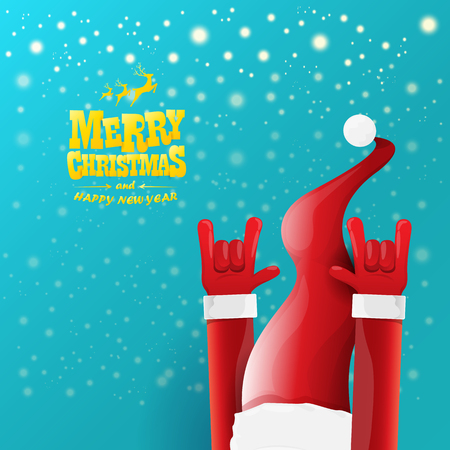 vector cartoon rock n roll Santa Claus character with gold calligraphic greeting text on azure background with snowflakes. Violet Merry Christmas Rock n roll party poster design or greeting card.のイラスト素材