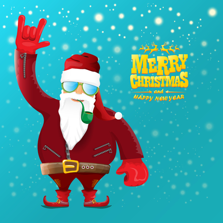 vector rock n roll santa claus with smoking pipe, santa beard and funky santa hat. Christmas hipster poster for party or greeting card. vector bad santa xmas poster backgroundのイラスト素材