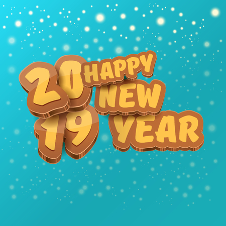 2019 Happy new year design background or greeting card with colorful numbers and greeting text. Happy new year label or icon isolated on azure background with falling snow and lightsのイラスト素材