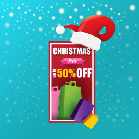 vector Christmas sales banner or tag label with red santa hat on snowy azure background with falling snowflakes. Red winter Christmas sale poster design template or backgroundのイラスト素材