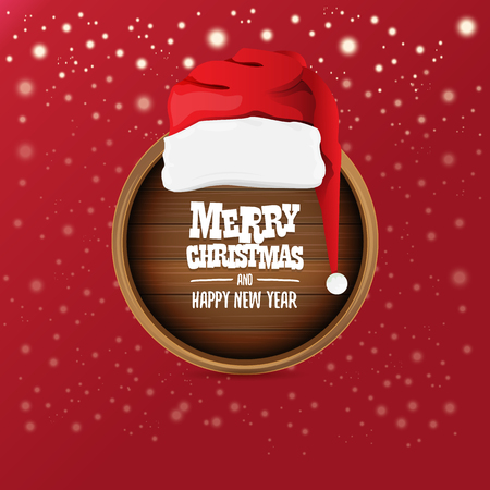 vector Santa hat with circle wooden board sign and greeting merry christmas text on red background. vector merry christmas card, banner design templateのイラスト素材
