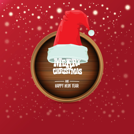 vector Santa hat with circle wooden board sign and greeting merry christmas text on red background. vector merry christmas card, banner design templateのイラスト素材
