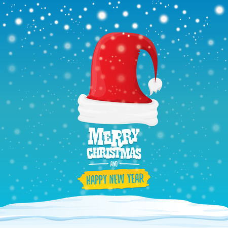 vector Santa hat with greeting text Merry Christmas and happy new year on blue background with snow and snowflakes. Cartoon merry christmas card, banner or xmas background. vector illustrationのイラスト素材
