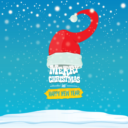 vector Santa hat with greeting text Merry Christmas and happy new year on blue background with snow and snowflakes. Cartoon merry christmas card, banner or xmas background. vector illustrationのイラスト素材