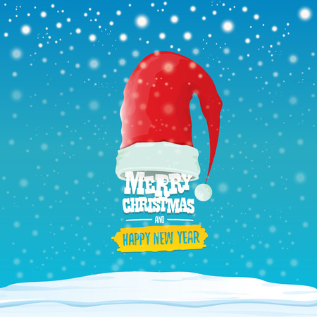 vector Santa hat with greeting text Merry Christmas and happy new year on blue background with snow and snowflakes. Cartoon merry christmas card, banner or xmas background. vector illustrationのイラスト素材