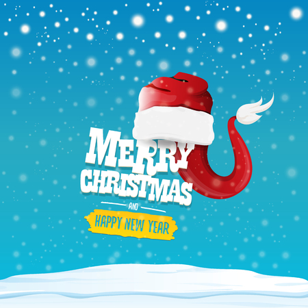 vector Santa hat with greeting text Merry Christmas and happy new year on blue background with snow and snowflakes. Cartoon merry christmas card, banner or xmas background. vector illustrationのイラスト素材