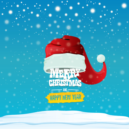 vector Santa hat with greeting text Merry Christmas and happy new year on blue background with snow and snowflakes. Cartoon merry christmas card, banner or xmas background. vector illustrationのイラスト素材