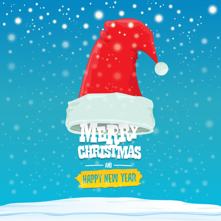 vector Santa hat with greeting text Merry Christmas and happy new year on blue background with snow and snowflakes. Cartoon merry christmas card, banner or xmas background. vector illustrationのイラスト素材