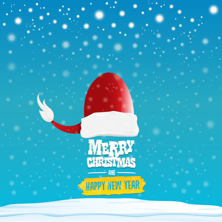 vector Santa hat with greeting text Merry Christmas and happy new year on blue background with snow and snowflakes. Cartoon merry christmas card, banner or xmas background. vector illustrationのイラスト素材