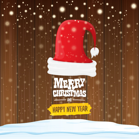 vector Santa hat with greeting text Merry Christmas and happy new year on wooden background with falling snowflakes. Funny Merry christmas greeting card, banner or poster xmas background.のイラスト素材