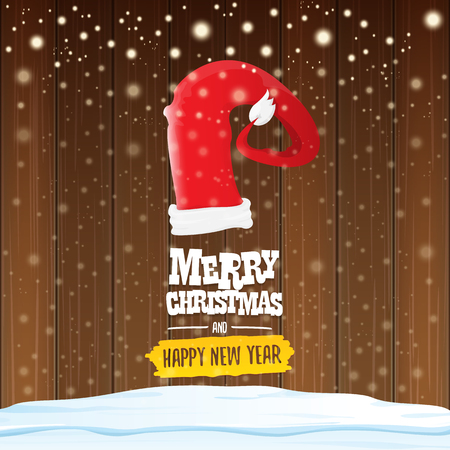 vector Santa hat with greeting text Merry Christmas and happy new year on wooden background with falling snowflakes. Funny Merry christmas greeting card, banner or poster xmas background.のイラスト素材