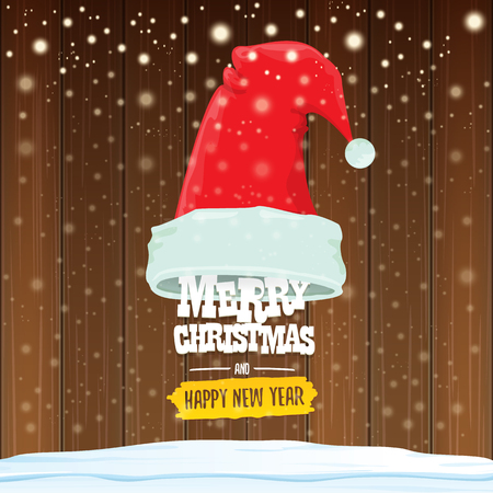 vector Santa hat with greeting text Merry Christmas and happy new year on wooden background with falling snowflakes. Funny Merry christmas greeting card, banner or poster xmas background.のイラスト素材
