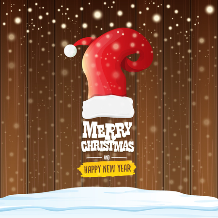 vector Santa hat with greeting text Merry Christmas and happy new year on wooden background with falling snowflakes. Funny Merry christmas greeting card, banner or poster xmas background.のイラスト素材