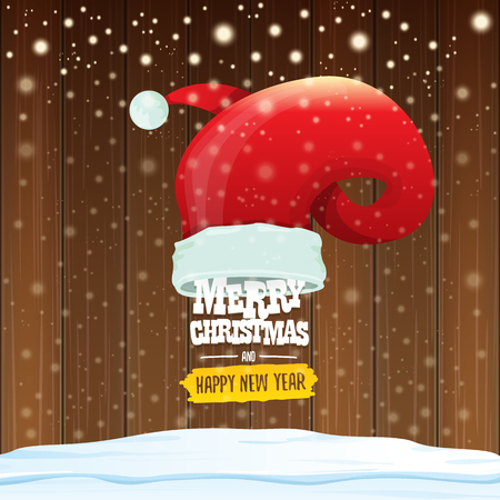 vector Santa hat with greeting text Merry Christmas and happy new year on wooden background with falling snowflakes. Funny Merry christmas greeting card, banner or poster xmas background.のイラスト素材