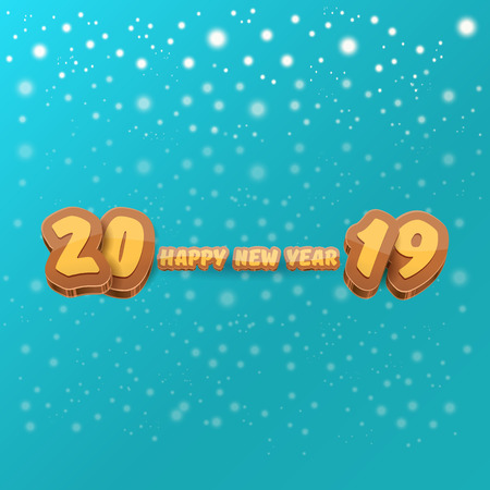 2019 Happy new year design background or greeting card with colorful numbers and greeting text. Happy new year label or icon isolated on azure background with snowflakesのイラスト素材