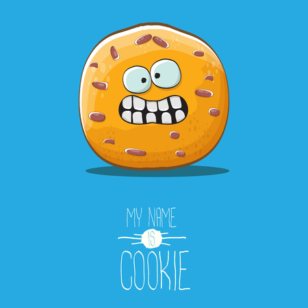 vector funny hand drawn homemade chocolate cookie character isolated on blue background. My name is cookie concept illustration. funky food character or bakery label mascotのイラスト素材