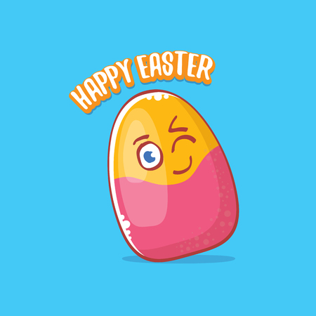Happy easter cartoon greeting card with cute colorful cartoon egg character isolate on blue background. Vector Happy easter creative concept illustrationのイラスト素材