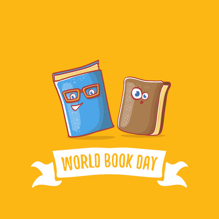 World book day greeting card with funky cartoon smiling book character isolated on orange background. Vector Book day labelのイラスト素材