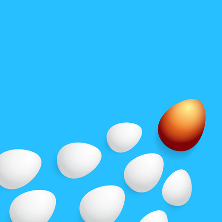 Happy easter greeting banner with colorful golden egg and white eggs isolated on blue background. Vector Happy easter creative concept illustrationのイラスト素材