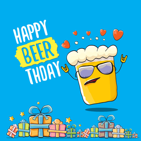 Happy Beerthday vector greeting card or background. Happy birthday party celebration poster with funky beer character and giftsのイラスト素材