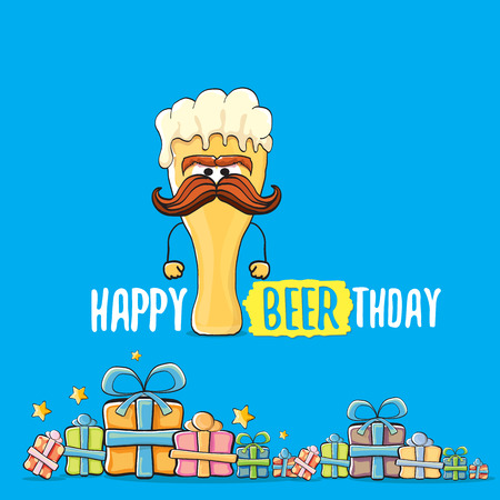 Happy Beerthday vector greeting card or background. Happy birthday party celebration poster with funky beer character and giftsのイラスト素材