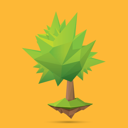 summer green low poly style tree isolated on orange background. Abstract Green tree design element for games and bannersのイラスト素材