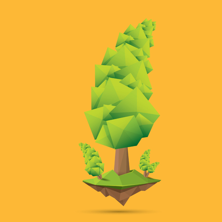 green low poly style tree isolated on orange background. Abstract Green tree design element for games and bannersのイラスト素材