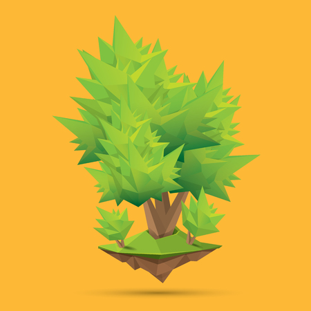 green low poly style tree isolated on orange background. Abstract Green tree design element for games and bannersのイラスト素材