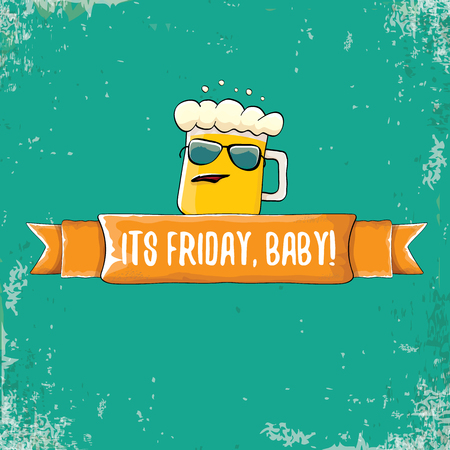 Its friday baby vector cartoon illustration with funky beer character isolated on grunge background. happy friday vector backgroundのイラスト素材
